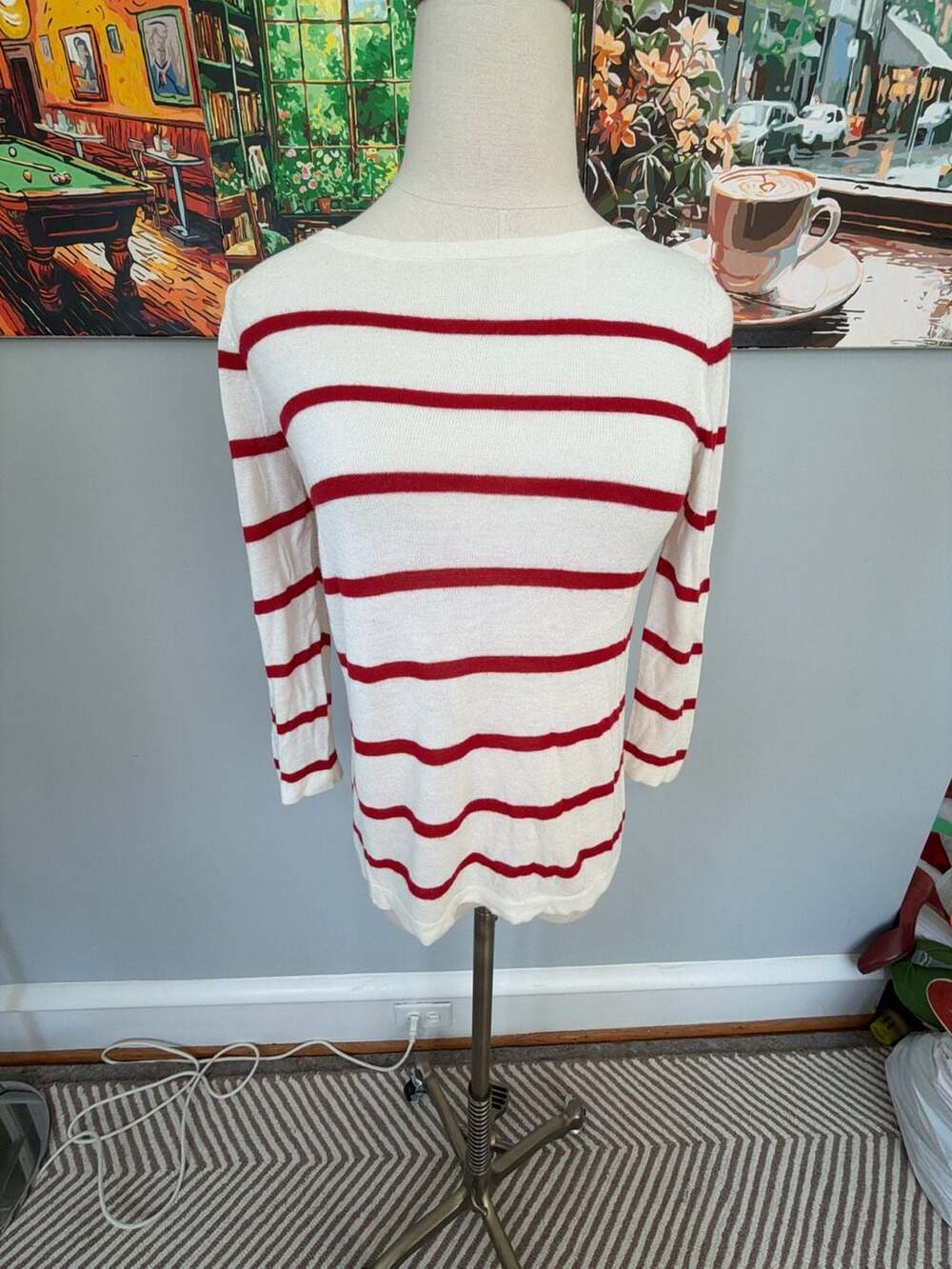 Jenni Kayne Cashmere Blend Red and Ivory Striped Crewneck Sweater Size XS